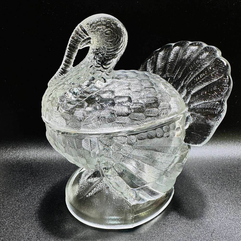 Vintage LE Smith Clear Glass Turkey Covered Candy Dish Thanksgiving USA Pedestal